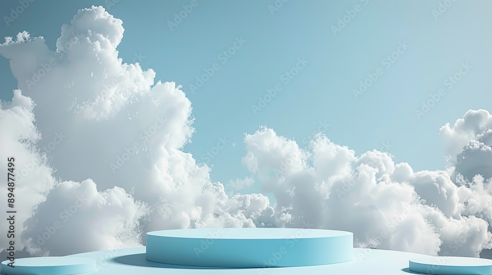 Poster abstract stage with a blue 3d platform and white clouds, ideal for a minimal and light product displ