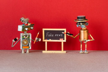 Fake news concept. The robot teacher explains to the student how to differentiate fake news from...
