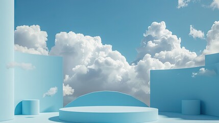 Abstract stage with a blue 3D platform and white clouds, ideal for a minimal and light product display.