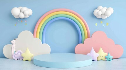 Adorable podium scene for kids, with a blue backdrop, clouds, and a rainbow, perfect for baby product presentations.