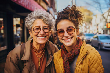 Fototapeta premium Portrait of happy modern stylish grandmother with cute laughing playful grandchild