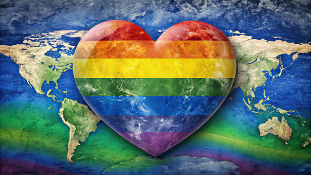 A rainbow heart, resembling the pride flag, is superimposed on a detailed map of the Earth, symbolizing global unity and acceptance