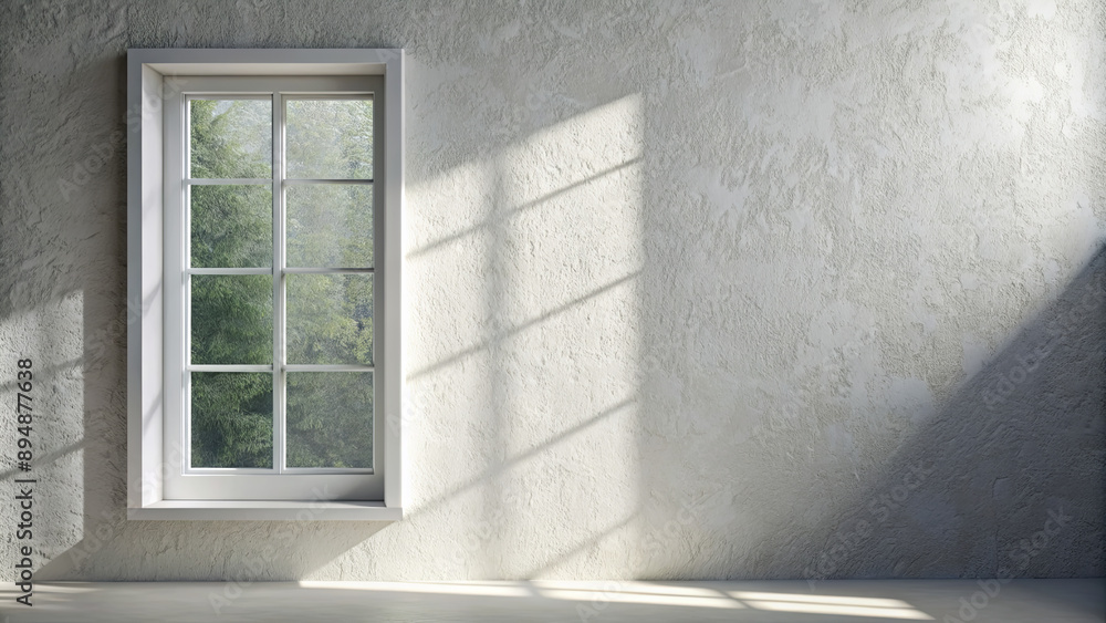 Poster a single, rectangular window with white trim is set into a white wall, with sunlight streaming throu