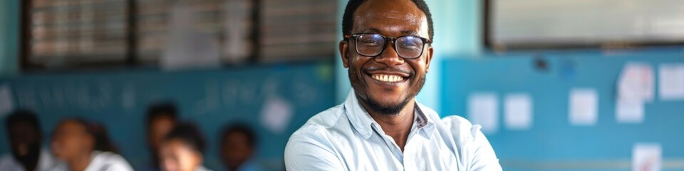 Obraz premium Confident African Male Educator Poses in Classroom: Exemplifying Teaching Excellence and Diversity. Smiling Teacher with Crossed Arms Represents Strong Faculty, Campus Life, and Back-to-School Spirit 