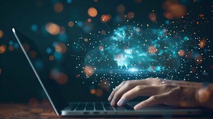 Hand showing laptop computer with cloud network Computer. Generative AI
