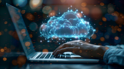 Hand showing laptop computer with cloud network Computer. Generative AI