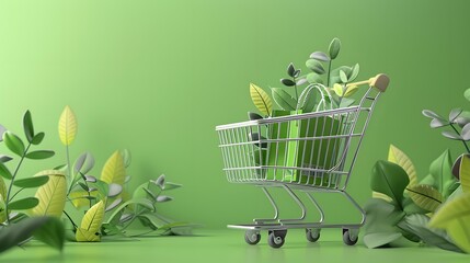 Green Shopping Spree: A miniature shopping cart overflows with lush foliage and eco-friendly bags, set against a vibrant green backdrop.  