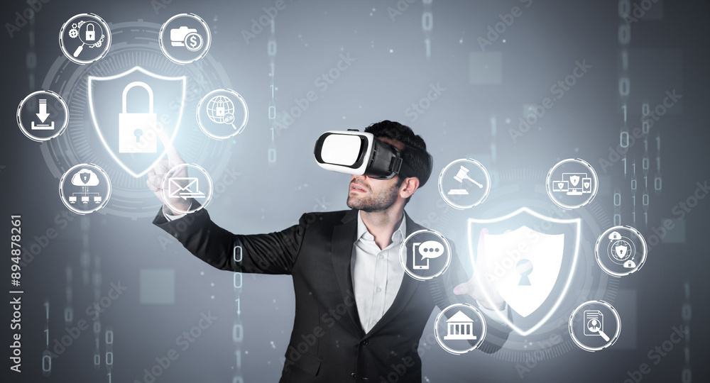 Poster caucasian project manager wearing vr glasses while look at hologram of security system. smart busine