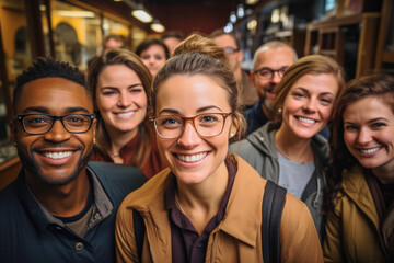 Fototapeta premium Group of diverse smiling modern casual satisfied young people together