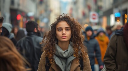 A young woman stands in the center of an urban street