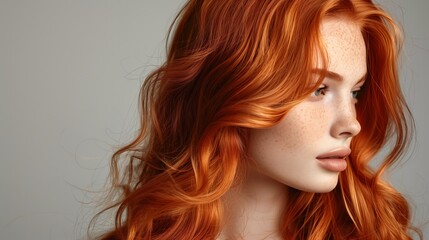Fototapeta premium beautiful red hair woman with long wavy hairstyle, fashion portrait isolated on grey background