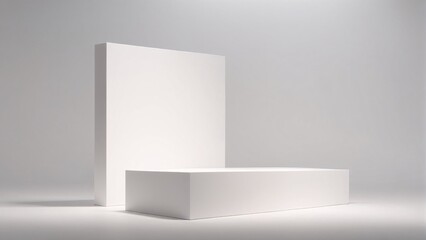 Minimalist podium with floating display, clean white background, soft ambient lighting, contemporary product highlight