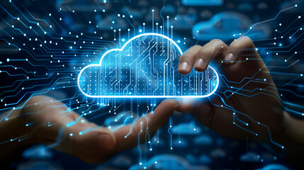 Hand touching infographic cloud computing and technology\. Generative AI