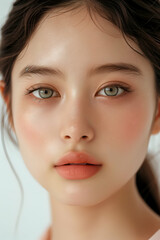 Fototapeta premium Elegant Close-up Portrait of a Beautiful Woman with Natural Makeup and Clear Eyes