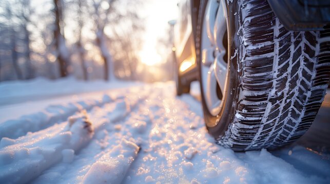 Closeup of winter tires on snow-covered road, focusing on the rim and tire with visible snowy marks
