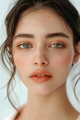 Fototapeta premium Elegant Close-up Portrait of a Beautiful Woman with Natural Makeup and Clear Eyes