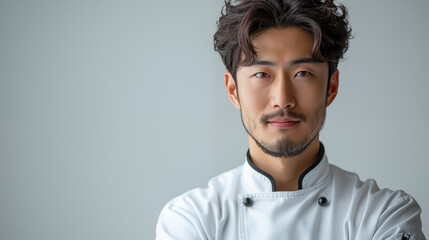 Obraz premium Portrait of a young asian male chef in white uniform on grey background