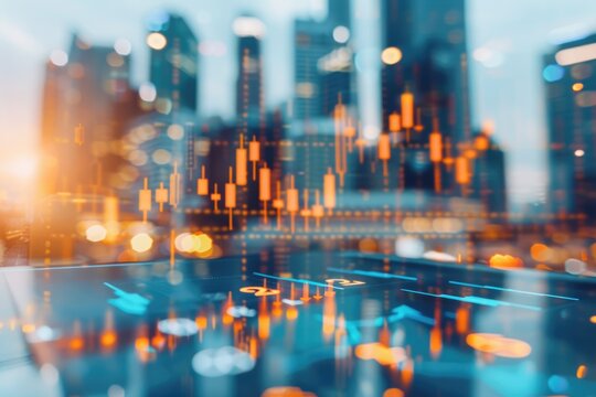 Management of index funds for private equity ventures selective focus, wealth management, futuristic, Composite, city skyline backdrop