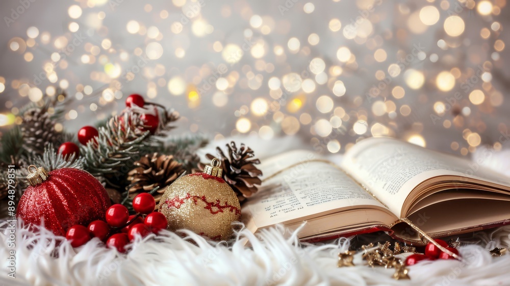 Wall mural Cozy Holiday Scene with Christmas Ornaments, Pinecones, and Open Book on Furry Blanket