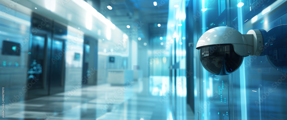 Poster high-tech data center with security cameras monitoring server rooms for information protection
