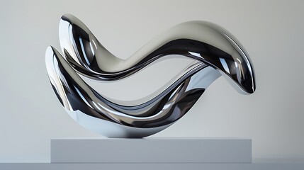 A modern abstract metal sculpture with flowing lines and a polished finish standing on a white base The sculpture's dynamic shapes and reflective surfaces create a striking visual 