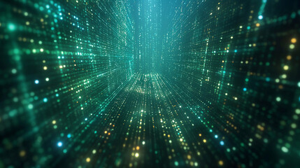 A digital matrix of binary codes, predominantly in shades of blue and green. The matrix is densely packed with rows and columns of ones and zeros, creating a cybernetic ambiance