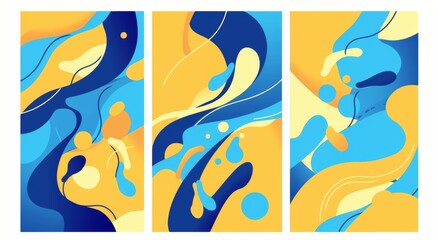 Three Vertical Frames with Pink and Yellow Geometric Patterns on White Wall