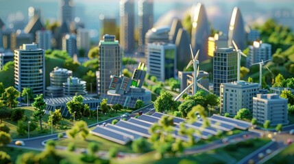 Fototapeta premium Generate a photo realistic image of urban green energy networks distributing renewable energy across the city; ensure the image is of high resolution for clear and detailed quality.