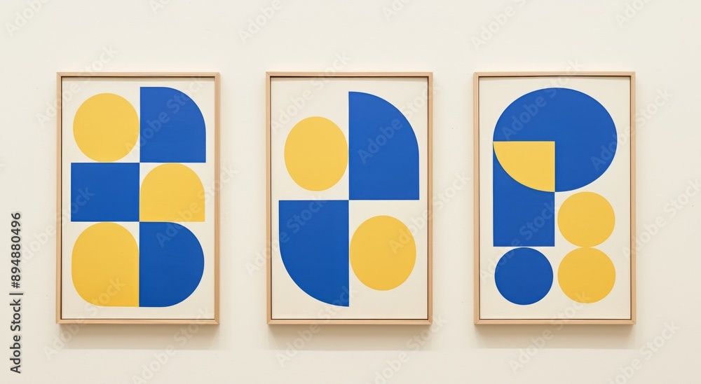 Poster minimalist art gallery display of three framed geometric patterns in blue and yellow tones, featurin