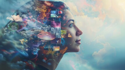 A person gazing at a vision board filled with dreams and goals, with a look of inspiration and determination, symbolizing the power of visualization, strategic planning, and maintaining focus on the