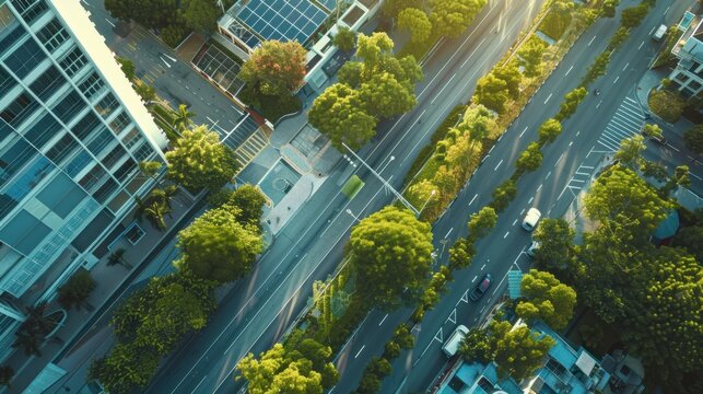 Generate a photo realistic image of urban green energy networks distributing renewable energy across the city; ensure the image is of high resolution for clear and detailed quality.