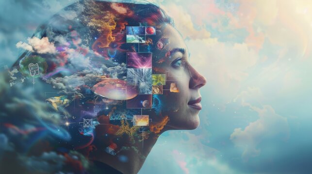 A person gazing at a vision board filled with dreams and goals, with a look of inspiration and determination, symbolizing the power of visualization, strategic planning, and maintaining focus on the