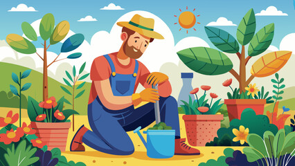 Gardening. man working in the garden with a plant. 