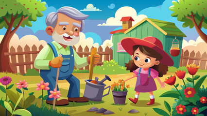 Fototapeta premium Little girl with grandfather gardening in the backyard garden.