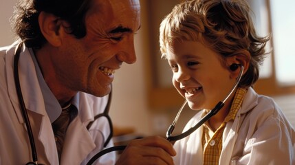 A smiling doctor in a white coat examining a young patient with a stethoscope, the warm and caring interaction emphasizing the importance of regular doctor visits for maintaining good health