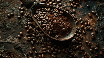 A metal scoop full of dark roasted coffee beans sits