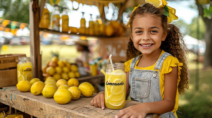 Obraz premium Cute little girl holding a glass of fresh lemonade and smiling at camera