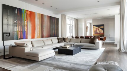 A contemporary art filled living room with bold, statement pieces on the walls, a sleek sectional sofa, minimalist furniture, and a modern coffee table, creating a sophisticated and artistic
