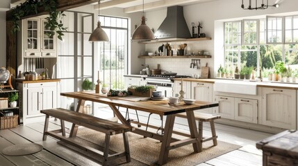 A farmhouse charm kitchen with white cabinetry, wooden countertops, a large farmhouse sink, vintage accessories, and a rustic dining table with benches, blending traditional elements with modern