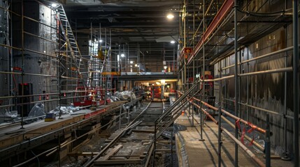 Obraz premium Metro Station Renovation with Construction Barriers, Scaffolding, and Workers Improvements
