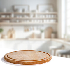 Wooden cutting board on white table with blurred bright kitchen interior with natural window light background. Empty copy space for products.