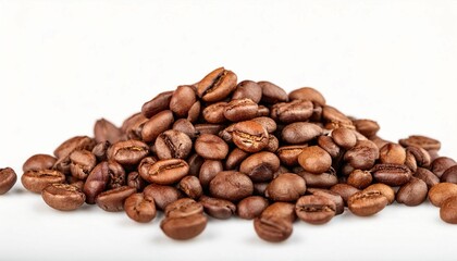 Fototapeta premium Roasted Coffee Beans Scattered on White Background with Copy Space