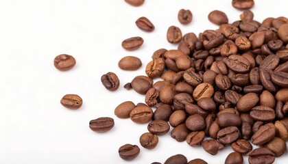 Naklejka premium Roasted Coffee Beans Scattered on White Background with Copy Space
