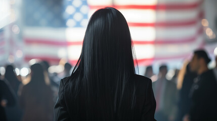 Politician Woman Gives a Speech Against the Backdrop of the US Flag