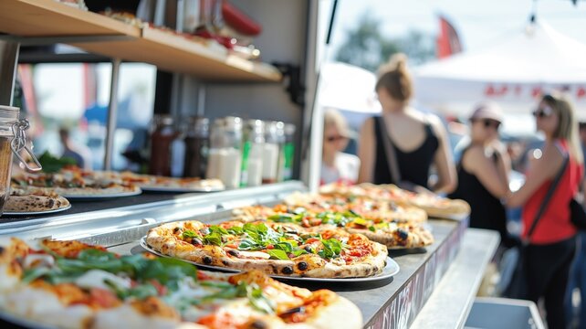 Selection of delicious pizzas displayed at the food truck window counter with a diverse crowd of people in the background, enjoying the culinary offerings