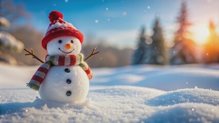 Fototapeta premium Snowman standing in the snow, winter, cold, holiday, Christmas, frosty, white, cute, frozen, outdoors, seasonal, carrot
