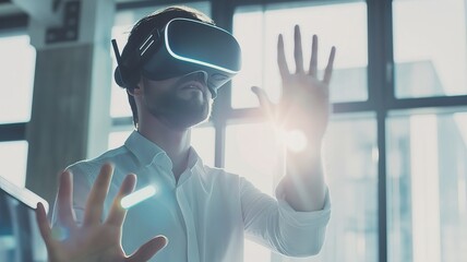 Virtual Reality Enthusiast Engaged in Immersive VR Experience, Interacting with Virtual World Using Hand Gestures and High-Tech Headset
