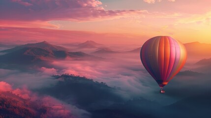 Hot air balloon floats above a breathtaking landscape of misty mountains and a vibrant sunset