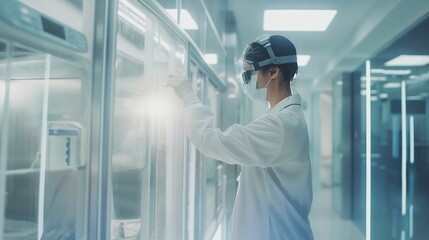 Scientist in protective gear working with lab freezer in research facility, using technology to analyze samples and make scientific discoveries.