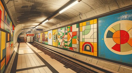 Retro Design Metro Map with Bold Colors and Classic Typography in Vintage Style Station